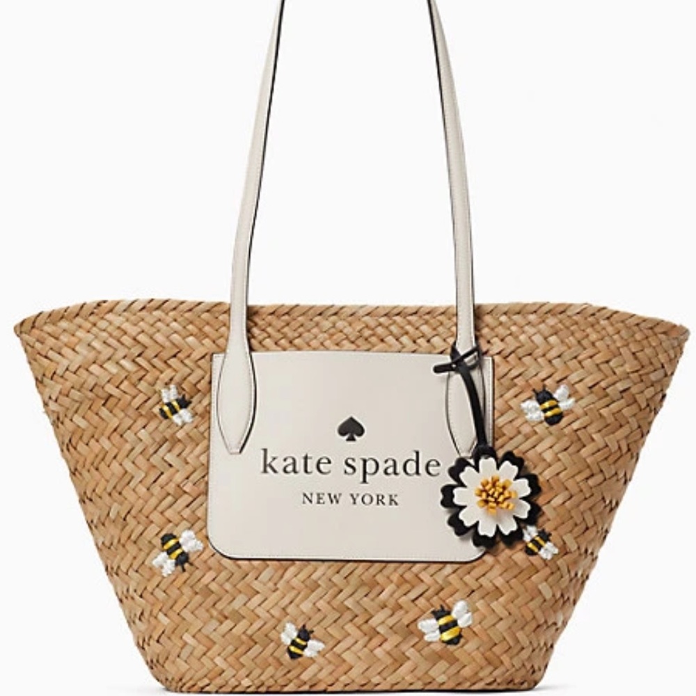 Kate Spade Honey Bee Straw Shoulder Tote Bag, NEW 2022, $459 yellow brown white - Picture 2 of 9